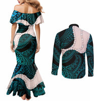 Teal Galaxy Polynesia Tribal Octopus Tattoo Couples Matching Mermaid Dress and Long Sleeve Button Shirt Pikake Lei Polynesian Pattern LT14 - Polynesian Pride