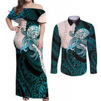 Teal Galaxy Polynesia Tribal Octopus Tattoo Couples Matching Off Shoulder Maxi Dress and Long Sleeve Button Shirt Pikake Lei Polynesian Pattern LT14 Teal - Polynesian Pride