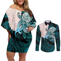 Teal Galaxy Polynesia Tribal Octopus Tattoo Couples Matching Off Shoulder Short Dress and Long Sleeve Button Shirt Pikake Lei Polynesian Pattern LT14 Teal - Polynesian Pride