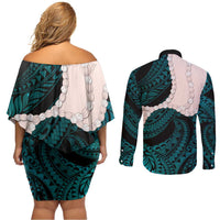 Teal Galaxy Polynesia Tribal Octopus Tattoo Couples Matching Off Shoulder Short Dress and Long Sleeve Button Shirt Pikake Lei Polynesian Pattern LT14 - Polynesian Pride