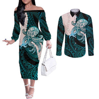 Teal Galaxy Polynesia Tribal Octopus Tattoo Couples Matching Off The Shoulder Long Sleeve Dress and Long Sleeve Button Shirt Pikake Lei Polynesian Pattern LT14 Teal - Polynesian Pride