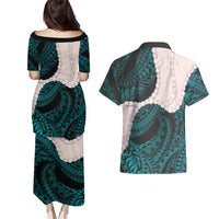 Teal Galaxy Polynesia Tribal Octopus Tattoo Couples Matching Puletasi and Hawaiian Shirt Pikake Lei Polynesian Pattern LT14 - Polynesian Pride