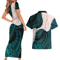 Teal Galaxy Polynesia Tribal Octopus Tattoo Couples Matching Short Sleeve Bodycon Dress and Hawaiian Shirt Pikake Lei Polynesian Pattern LT14 - Polynesian Pride