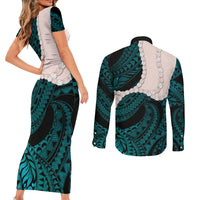 Teal Galaxy Polynesia Tribal Octopus Tattoo Couples Matching Short Sleeve Bodycon Dress and Long Sleeve Button Shirt Pikake Lei Polynesian Pattern LT14 - Polynesian Pride