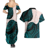 Teal Galaxy Polynesia Tribal Octopus Tattoo Couples Matching Summer Maxi Dress and Hawaiian Shirt Pikake Lei Polynesian Pattern LT14 - Polynesian Pride