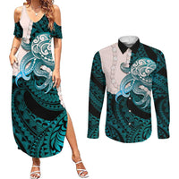 Teal Galaxy Polynesia Tribal Octopus Tattoo Couples Matching Summer Maxi Dress and Long Sleeve Button Shirt Pikake Lei Polynesian Pattern LT14 Teal - Polynesian Pride