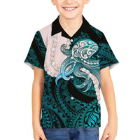 Teal Galaxy Polynesia Tribal Octopus Tattoo Family Matching Long Sleeve Bodycon Dress and Hawaiian Shirt Pikake Lei Polynesian Pattern