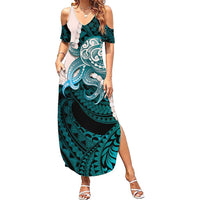 Teal Galaxy Polynesia Tribal Octopus Tattoo Family Matching Summer Maxi Dress and Hawaiian Shirt Pikake Lei Polynesian Pattern LT14 Mom's Dress Teal - Polynesian Pride