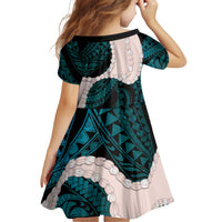 Teal Galaxy Polynesia Tribal Octopus Tattoo Kid Short Sleeve Dress Pikake Lei Polynesian Pattern LT14 - Polynesian Pride
