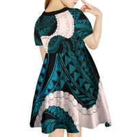 Teal Galaxy Polynesia Tribal Octopus Tattoo Kid Short Sleeve Dress Pikake Lei Polynesian Pattern LT14 - Polynesian Pride