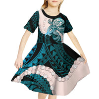 Teal Galaxy Polynesia Tribal Octopus Tattoo Kid Short Sleeve Dress Pikake Lei Polynesian Pattern LT14 - Polynesian Pride