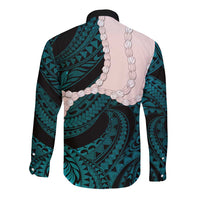 Teal Galaxy Polynesia Tribal Octopus Tattoo Long Sleeve Button Shirt Pikake Lei Polynesian Pattern LT14 - Polynesian Pride