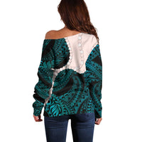 Teal Galaxy Polynesia Tribal Octopus Tattoo Off Shoulder Sweater Pikake Lei Polynesian Pattern LT14 - Polynesian Pride