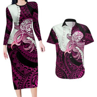 Pink Galaxy Polynesia Tribal Octopus Tattoo Couples Matching Long Sleeve Bodycon Dress and Hawaiian Shirt Pikake Lei Polynesian Pattern LT14 Pink - Polynesian Pride