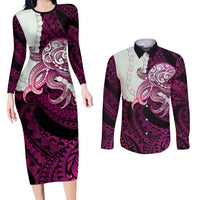 Pink Galaxy Polynesia Tribal Octopus Tattoo Couples Matching Long Sleeve Bodycon Dress and Long Sleeve Button Shirt Pikake Lei Polynesian Pattern LT14 Pink - Polynesian Pride