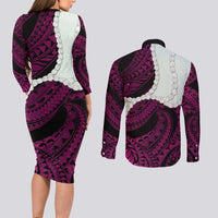 Pink Galaxy Polynesia Tribal Octopus Tattoo Couples Matching Long Sleeve Bodycon Dress and Long Sleeve Button Shirt Pikake Lei Polynesian Pattern LT14 - Polynesian Pride