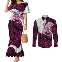Pink Galaxy Polynesia Tribal Octopus Tattoo Couples Matching Mermaid Dress and Long Sleeve Button Shirt Pikake Lei Polynesian Pattern LT14 Pink - Polynesian Pride
