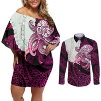 Pink Galaxy Polynesia Tribal Octopus Tattoo Couples Matching Off Shoulder Short Dress and Long Sleeve Button Shirt Pikake Lei Polynesian Pattern LT14 Pink - Polynesian Pride