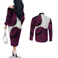 Pink Galaxy Polynesia Tribal Octopus Tattoo Couples Matching Off The Shoulder Long Sleeve Dress and Long Sleeve Button Shirt Pikake Lei Polynesian Pattern