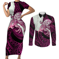 Pink Galaxy Polynesia Tribal Octopus Tattoo Couples Matching Short Sleeve Bodycon Dress and Long Sleeve Button Shirt Pikake Lei Polynesian Pattern LT14 Pink - Polynesian Pride