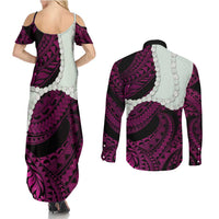 Pink Galaxy Polynesia Tribal Octopus Tattoo Couples Matching Summer Maxi Dress and Long Sleeve Button Shirt Pikake Lei Polynesian Pattern LT14 - Polynesian Pride