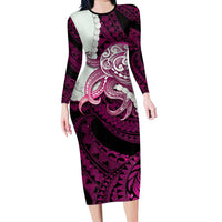 Pink Galaxy Polynesia Tribal Octopus Tattoo Long Sleeve Bodycon Dress Pikake Lei Polynesian Pattern LT14 Long Dress Pink - Polynesian Pride