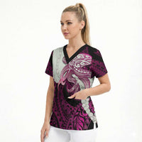 Pink Galaxy Polynesia Tribal Octopus Tattoo Scrub Top Pikake Lei Polynesian Pattern LT14 - Polynesian Pride