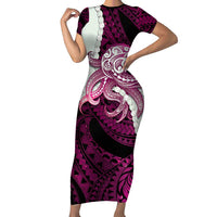 Pink Galaxy Polynesia Tribal Octopus Tattoo Short Sleeve Bodycon Dress Pikake Lei Polynesian Pattern LT14 Long Dress Pink - Polynesian Pride