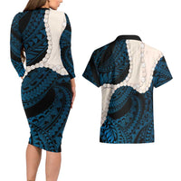 Blue Galaxy Polynesia Tribal Octopus Tattoo Couples Matching Long Sleeve Bodycon Dress and Hawaiian Shirt Pikake Lei Polynesian Pattern LT14 - Polynesian Pride