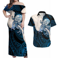 Blue Galaxy Polynesia Tribal Octopus Tattoo Couples Matching Off Shoulder Maxi Dress and Hawaiian Shirt Pikake Lei Polynesian Pattern LT14 Blue - Polynesian Pride