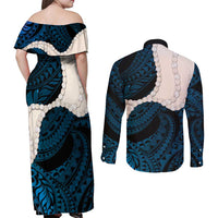 Blue Galaxy Polynesia Tribal Octopus Tattoo Couples Matching Off Shoulder Maxi Dress and Long Sleeve Button Shirt Pikake Lei Polynesian Pattern LT14 - Polynesian Pride