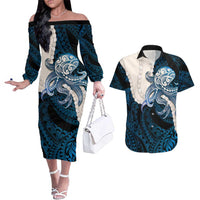 Blue Galaxy Polynesia Tribal Octopus Tattoo Couples Matching Off The Shoulder Long Sleeve Dress and Hawaiian Shirt Pikake Lei Polynesian Pattern