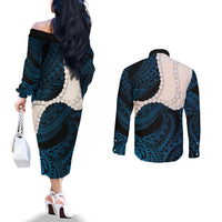 Blue Galaxy Polynesia Tribal Octopus Tattoo Couples Matching Off The Shoulder Long Sleeve Dress and Long Sleeve Button Shirt Pikake Lei Polynesian Pattern LT14 - Polynesian Pride