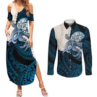 Blue Galaxy Polynesia Tribal Octopus Tattoo Couples Matching Summer Maxi Dress and Long Sleeve Button Shirt Pikake Lei Polynesian Pattern LT14 Blue - Polynesian Pride