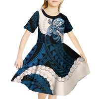 Blue Galaxy Polynesia Tribal Octopus Tattoo Kid Short Sleeve Dress Pikake Lei Polynesian Pattern LT14 - Polynesian Pride