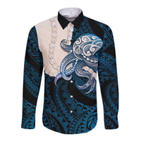 Blue Galaxy Polynesia Tribal Octopus Tattoo Long Sleeve Button Shirt Pikake Lei Polynesian Pattern LT14 Unisex Blue - Polynesian Pride