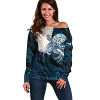 Blue Galaxy Polynesia Tribal Octopus Tattoo Off Shoulder Sweater Pikake Lei Polynesian Pattern LT14 Women Blue - Polynesian Pride