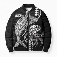 Kanaloa Aloha Hawaii Bomber Puffer Jacket Humpback Whale Octopus Tattoo Kakau Pattern LT14 Unisex Black - Polynesian Pride