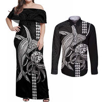 Kanaloa Aloha Hawaii Couples Matching Off Shoulder Maxi Dress and Long Sleeve Button Shirt Humpback Whale Octopus Tattoo Kakau Pattern