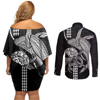 Kanaloa Aloha Hawaii Couples Matching Off Shoulder Short Dress and Long Sleeve Button Shirt Humpback Whale Octopus Tattoo Kakau Pattern
