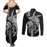 Kanaloa Aloha Hawaii Couples Matching Summer Maxi Dress and Long Sleeve Button Shirt Humpback Whale Octopus Tattoo Kakau Pattern LT14 - Polynesian Pride