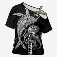 Kanaloa Aloha Hawaii Cross Shoulder Shirt Humpback Whale Octopus Tattoo Kakau Pattern LT14 Female Black - Polynesian Pride