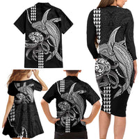 Kanaloa Aloha Hawaii Family Matching Long Sleeve Bodycon Dress and Hawaiian Shirt Humpback Whale Octopus Tattoo Kakau Pattern