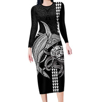 Kanaloa Aloha Hawaii Family Matching Long Sleeve Bodycon Dress and Hawaiian Shirt Humpback Whale Octopus Tattoo Kakau Pattern