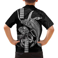 Kanaloa Aloha Hawaii Family Matching Off The Shoulder Long Sleeve Dress and Hawaiian Shirt Humpback Whale Octopus Tattoo Kakau Pattern