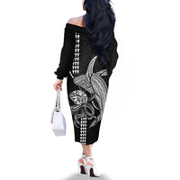 Kanaloa Aloha Hawaii Family Matching Off The Shoulder Long Sleeve Dress and Hawaiian Shirt Humpback Whale Octopus Tattoo Kakau Pattern
