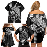 Kanaloa Aloha Hawaii Family Matching Off Shoulder Short Dress and Hawaiian Shirt Humpback Whale Octopus Tattoo Kakau Pattern