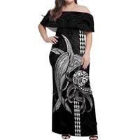 Kanaloa Aloha Hawaii Off Shoulder Maxi Dress Humpback Whale Octopus Tattoo Kakau Pattern LT14 Women Black - Polynesian Pride