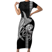 Kanaloa Aloha Hawaii Short Sleeve Bodycon Dress Humpback Whale Octopus Tattoo Kakau Pattern LT14 Long Dress Black - Polynesian Pride