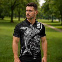 Kanaloa Aloha Hawaii Zipper Polo Shirt Humpback Whale Octopus Tattoo Kakau Pattern LT14 - Polynesian Pride